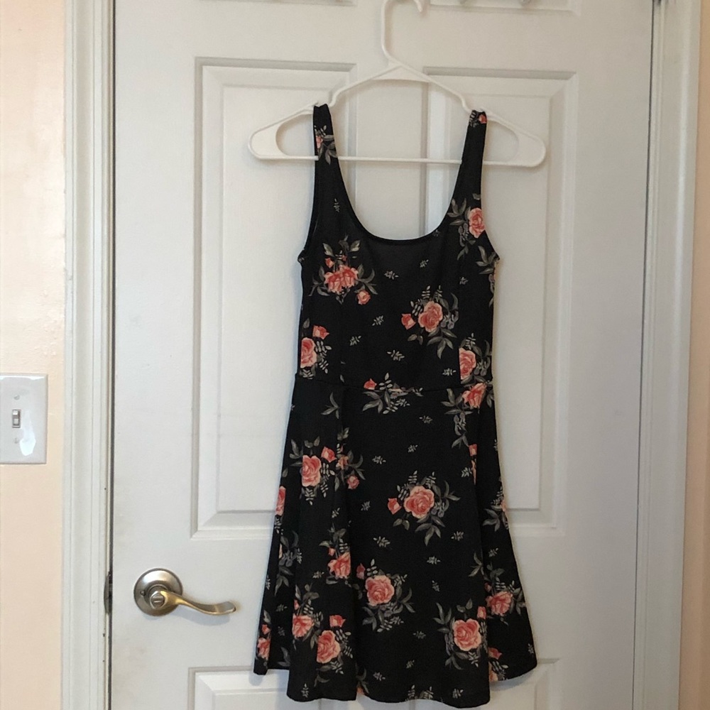 H&M Black Skater Dress with Rose Floral Pattern